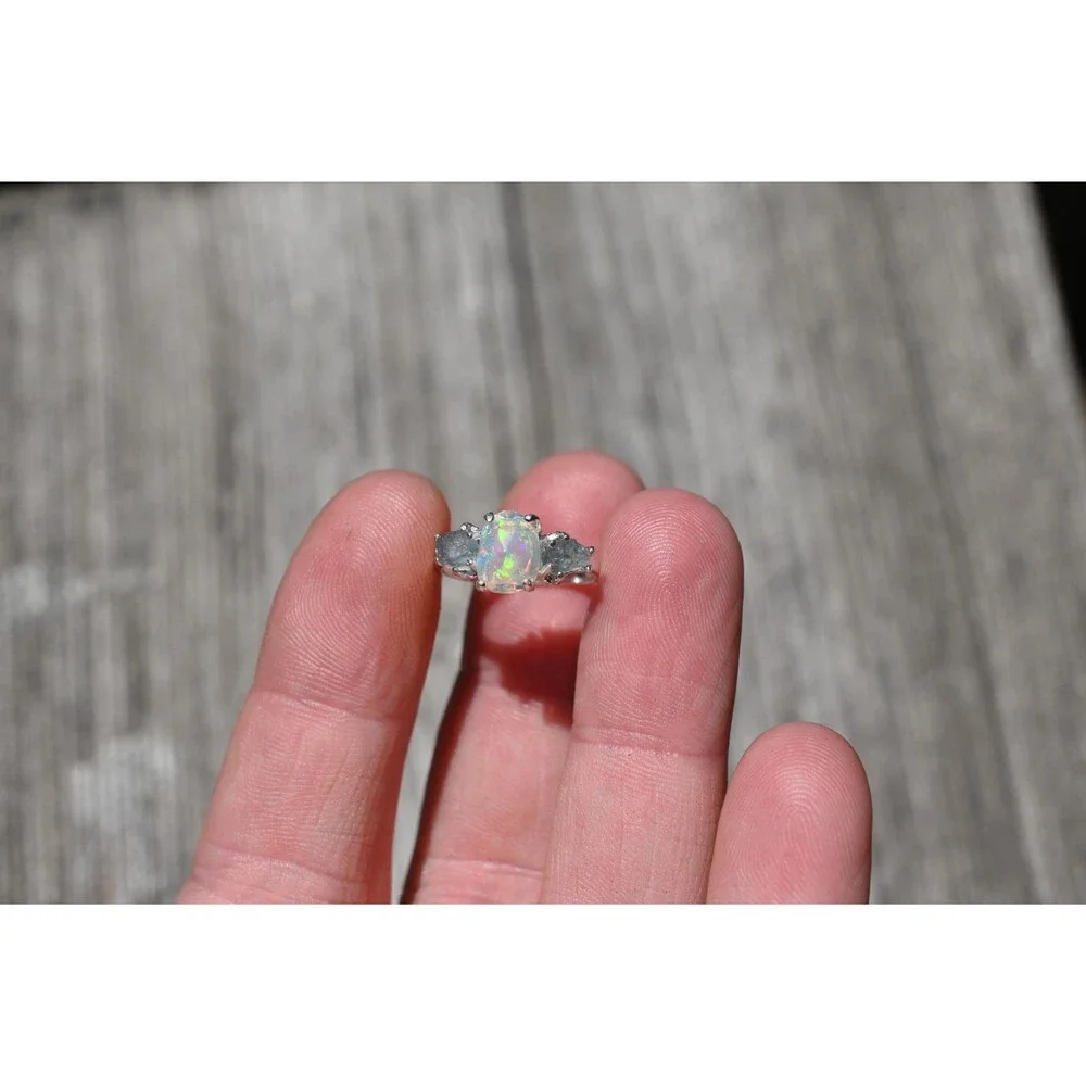 Sterling Silver Opal & Montana Sapphire Ring - Size 5